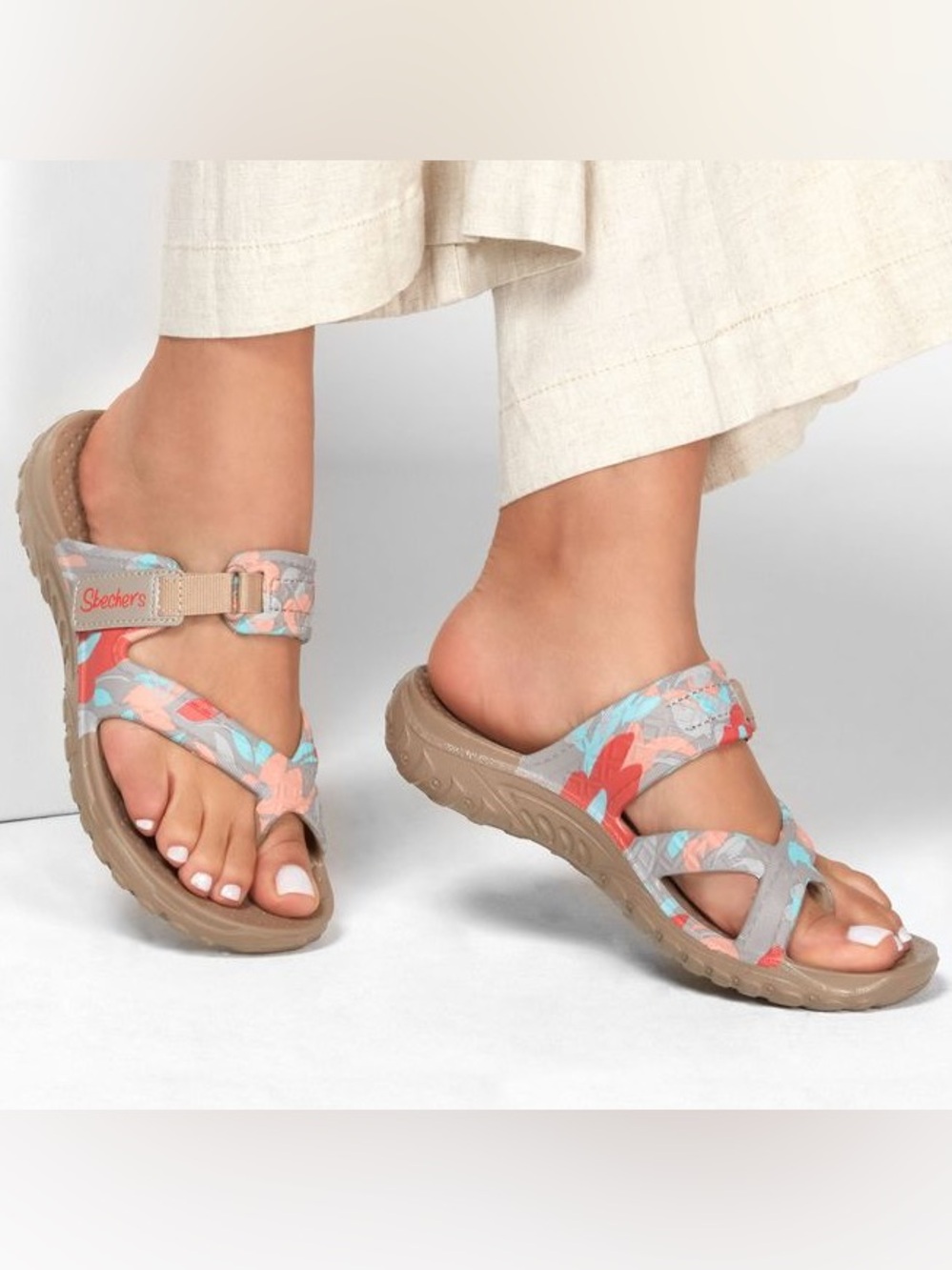 SKECHERS Taupe Floral Adjustable Strap Slide Sandals